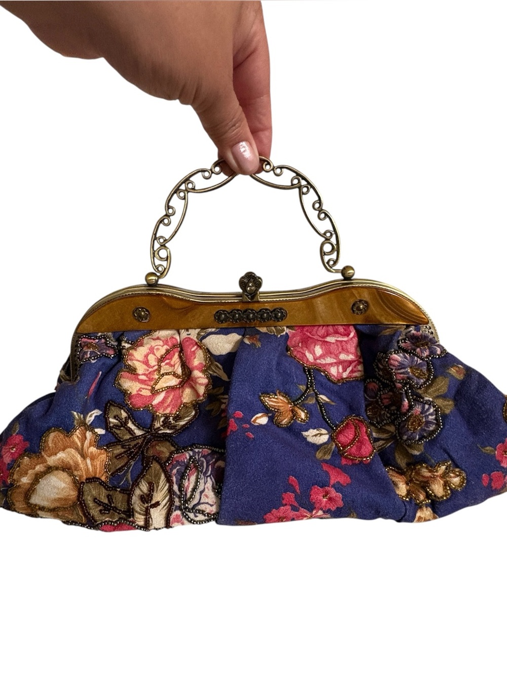 Vintage Floral Embroidered Navy Clutch and Crossbody